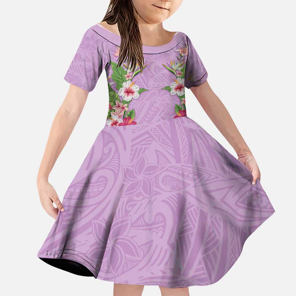 Hawaii Tropical Flowers Family Matching Off Shoulder Maxi Dress and Hawaiian Shirt Lavender Polynesian Tattoo Art