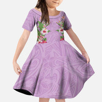 Hawaii Tropical Flowers Family Matching Off Shoulder Maxi Dress and Hawaiian Shirt Lavender Polynesian Tattoo Art