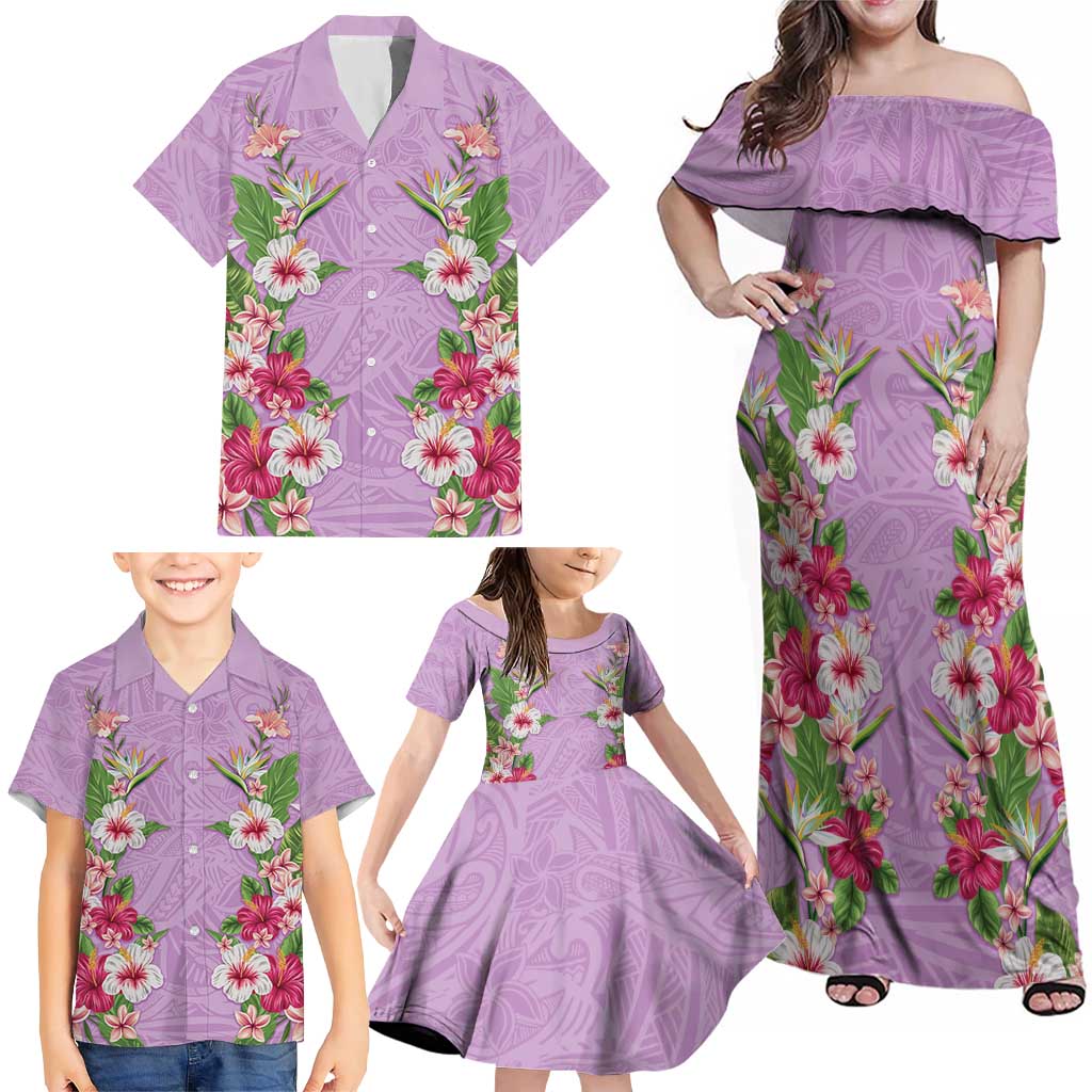 Hawaii Tropical Flowers Family Matching Off Shoulder Maxi Dress and Hawaiian Shirt Lavender Polynesian Tattoo Art