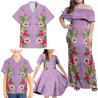 Hawaii Tropical Flowers Family Matching Off Shoulder Maxi Dress and Hawaiian Shirt Lavender Polynesian Tattoo Art