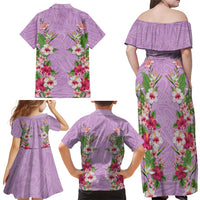 Hawaii Tropical Flowers Family Matching Off Shoulder Maxi Dress and Hawaiian Shirt Lavender Polynesian Tattoo Art