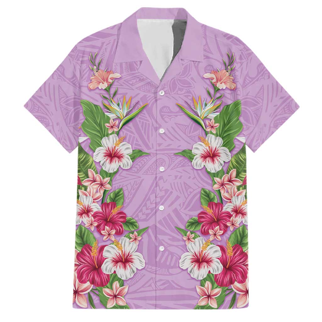 Hawaii Tropical Flowers Family Matching Off Shoulder Maxi Dress and Hawaiian Shirt Lavender Polynesian Tattoo Art