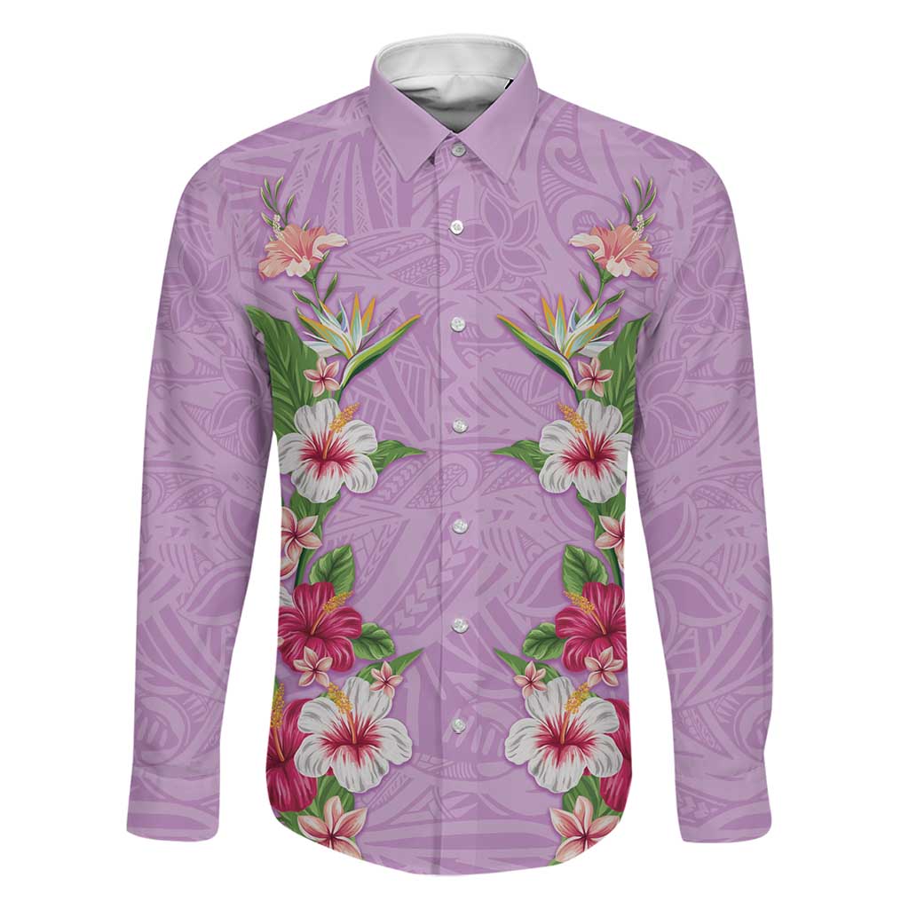 Hawaii Tropical Flowers Family Matching Off Shoulder Maxi Dress and Hawaiian Shirt Lavender Polynesian Tattoo Art