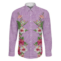 Hawaii Tropical Flowers Family Matching Off Shoulder Maxi Dress and Hawaiian Shirt Lavender Polynesian Tattoo Art