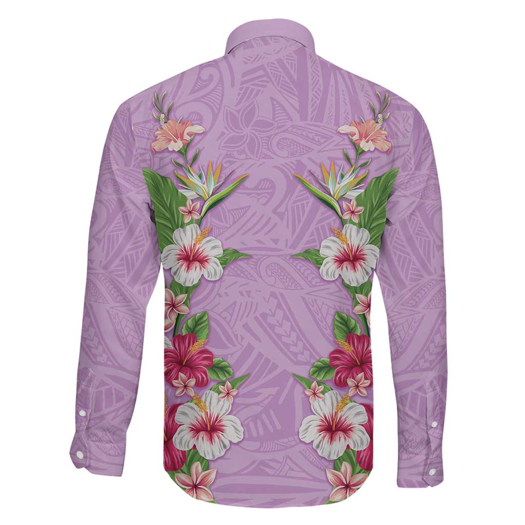 Hawaii Tropical Flowers Family Matching Off Shoulder Maxi Dress and Hawaiian Shirt Lavender Polynesian Tattoo Art