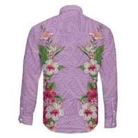 Hawaii Tropical Flowers Family Matching Off Shoulder Maxi Dress and Hawaiian Shirt Lavender Polynesian Tattoo Art