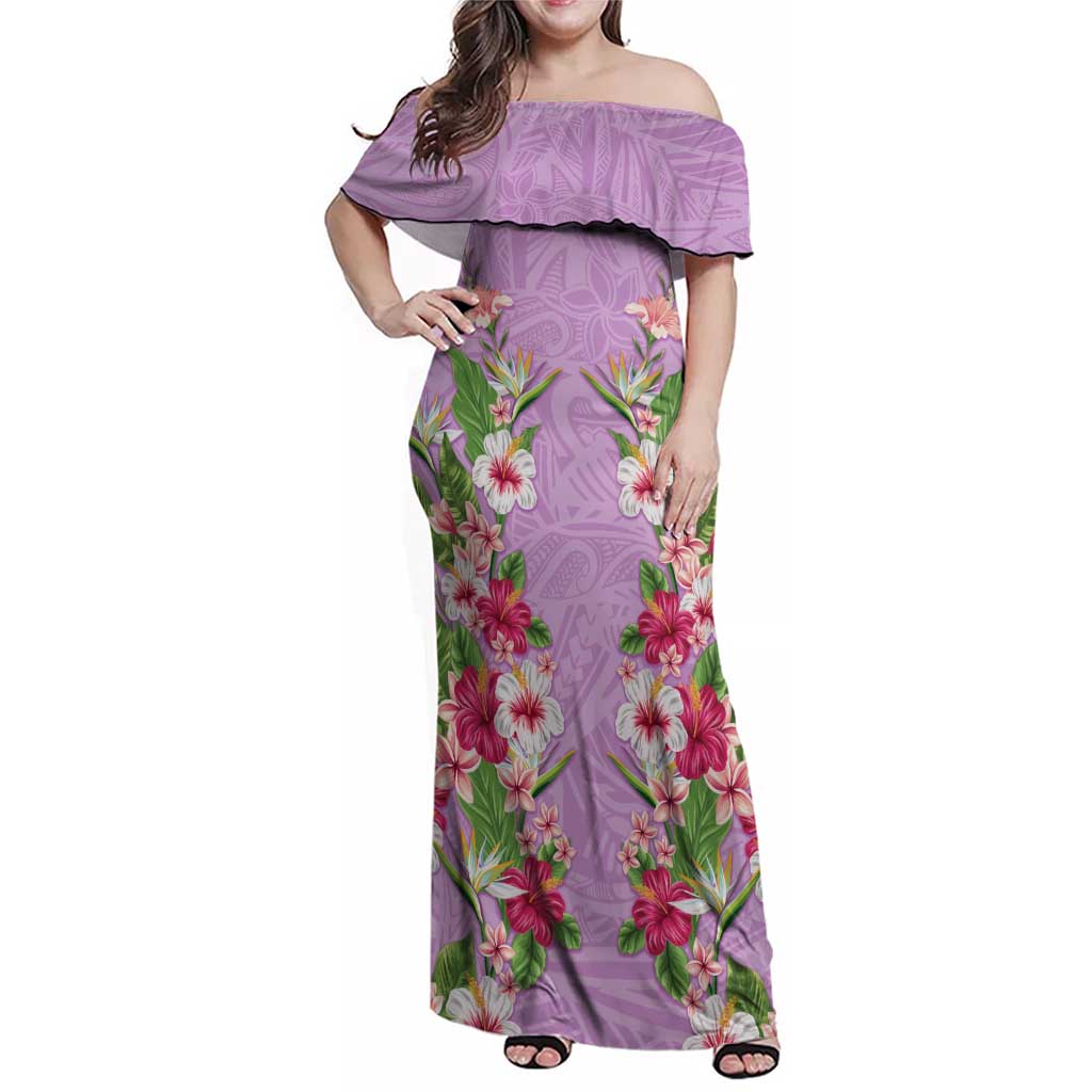 Hawaii Tropical Flowers Family Matching Off Shoulder Maxi Dress and Hawaiian Shirt Lavender Polynesian Tattoo Art