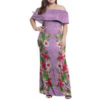 Hawaii Tropical Flowers Family Matching Off Shoulder Maxi Dress and Hawaiian Shirt Lavender Polynesian Tattoo Art