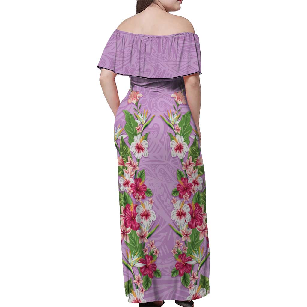 Hawaii Tropical Flowers Family Matching Off Shoulder Maxi Dress and Hawaiian Shirt Lavender Polynesian Tattoo Art