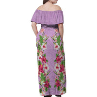 Hawaii Tropical Flowers Family Matching Off Shoulder Maxi Dress and Hawaiian Shirt Lavender Polynesian Tattoo Art
