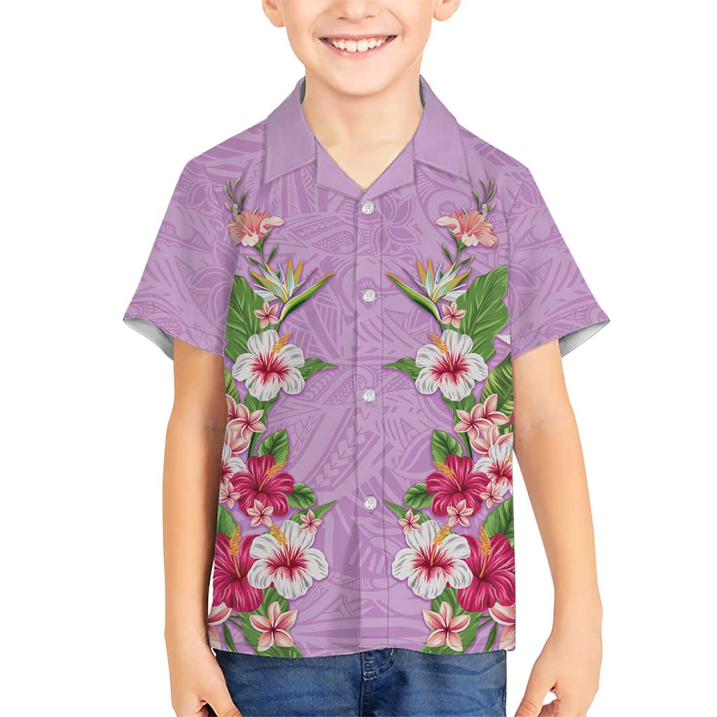 Hawaii Tropical Flowers Family Matching Off Shoulder Maxi Dress and Hawaiian Shirt Lavender Polynesian Tattoo Art