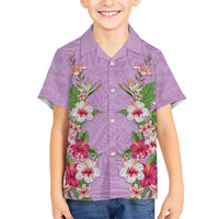 Hawaii Tropical Flowers Family Matching Off Shoulder Maxi Dress and Hawaiian Shirt Lavender Polynesian Tattoo Art