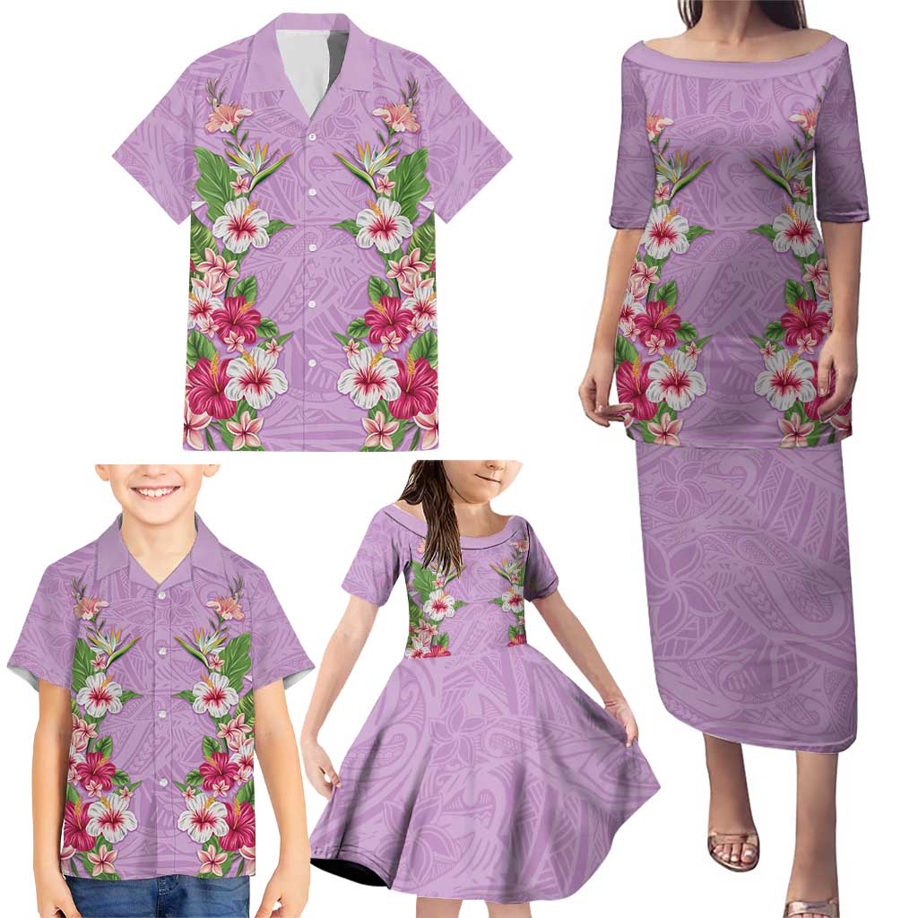 Hawaii Tropical Flowers Family Matching Puletasi and Hawaiian Shirt Lavender Polynesian Tattoo Art LT05 - Polynesian Pride