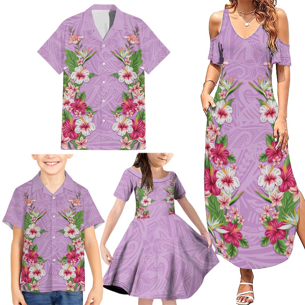Hawaii Tropical Flowers Family Matching Summer Maxi Dress and Hawaiian Shirt Lavender Polynesian Tattoo Art LT05 - Polynesian Pride