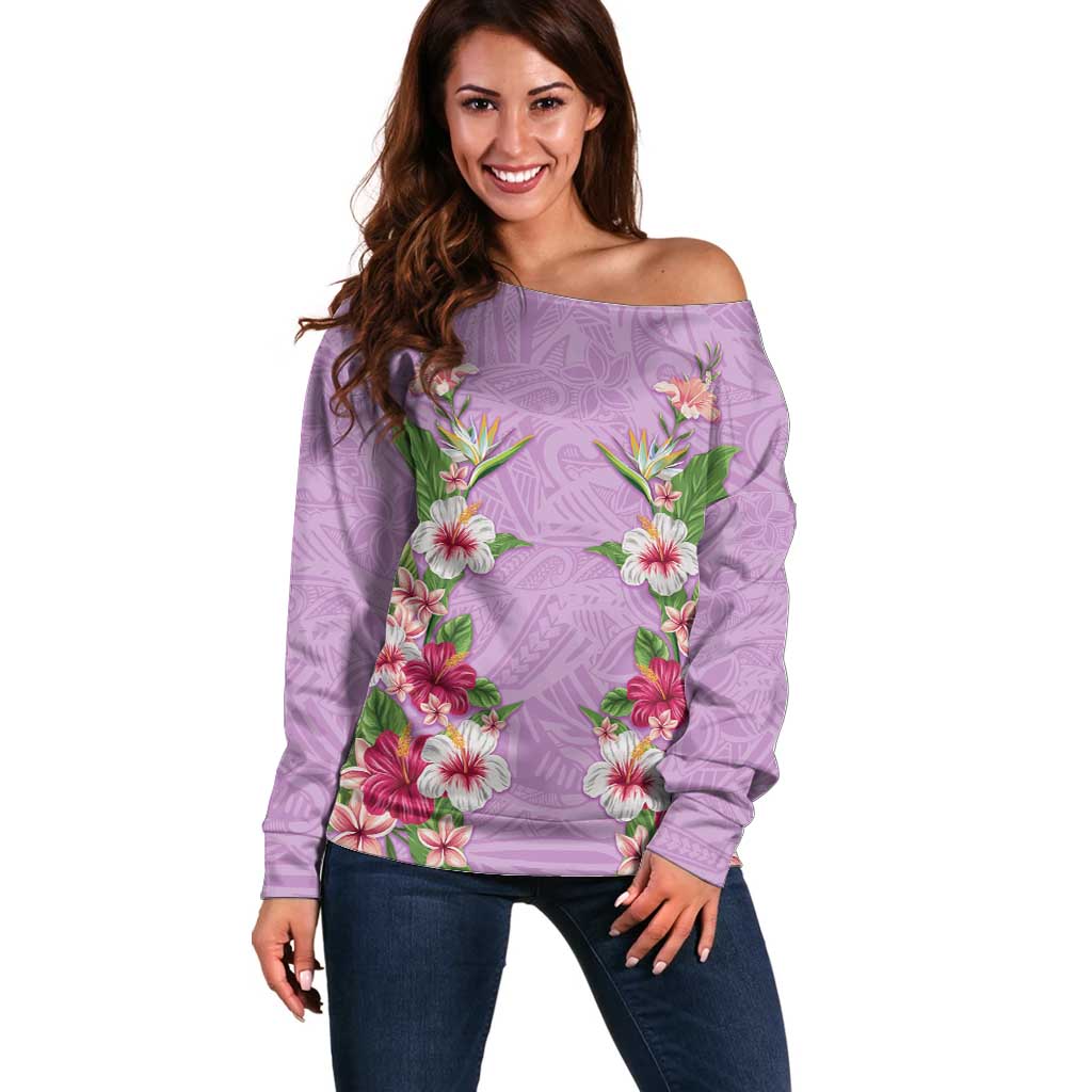 Hawaii Tropical Flowers Off Shoulder Sweater Lavender Polynesian Tattoo Art LT05 Women Lavender - Polynesian Pride