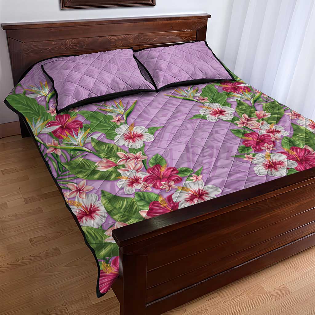 Hawaii Tropical Flowers Quilt Bed Set Lavender Polynesian Tattoo Art LT05 - Polynesian Pride