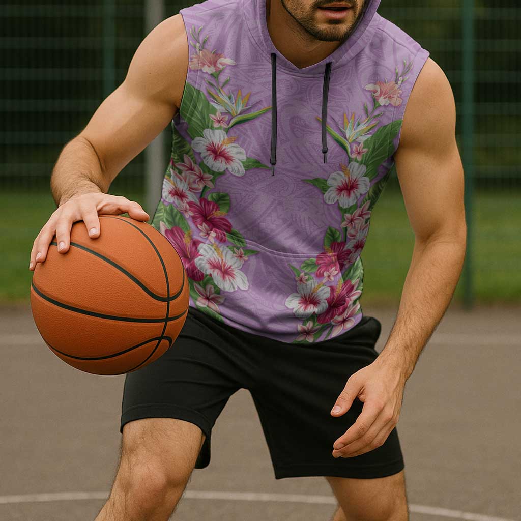 Hawaii Tropical Flowers Sleeveless Hoodie Lavender Polynesian Tattoo Art