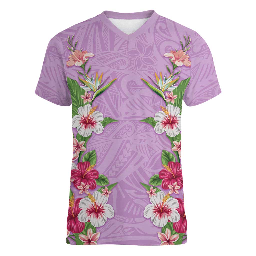 Hawaii Tropical Flowers Women V-Neck T-Shirt Lavender Polynesian Tattoo Art