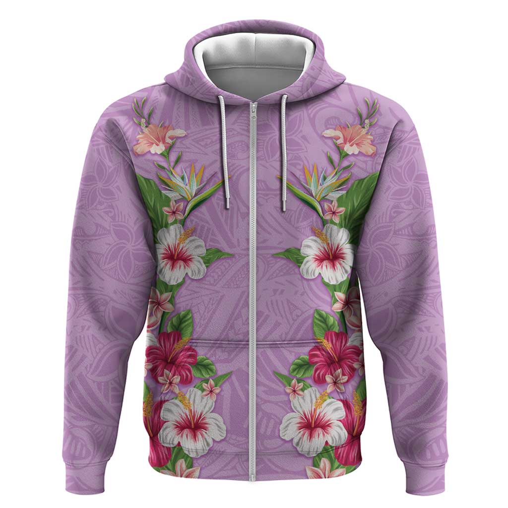 Hawaii Tropical Flowers Zip Hoodie Lavender Polynesian Tattoo Art