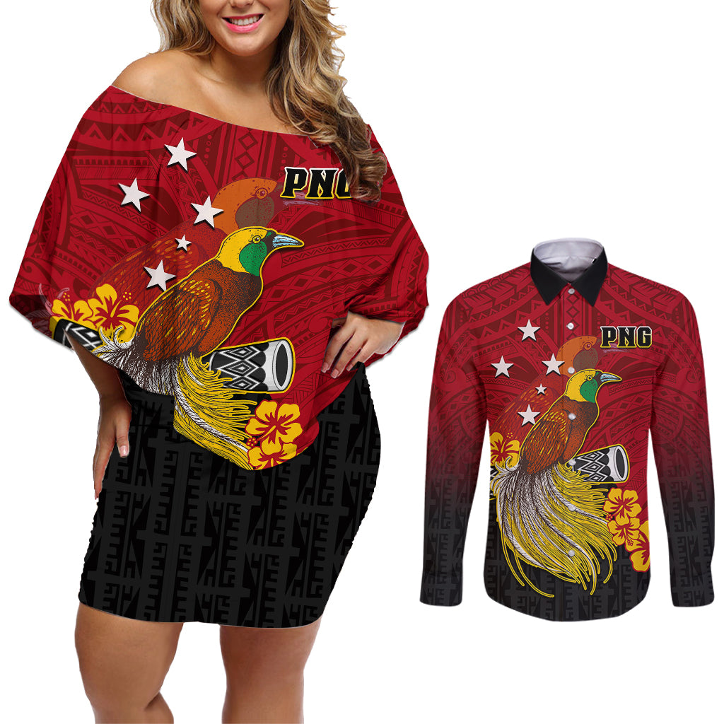 Personalized Papua New Guinea Couples Matching Off Shoulder Short Dress and Long Sleeve Button Shirts Bird Of Paradise Hibiscus With Motuan Pattern LT05 Red - Polynesian Pride
