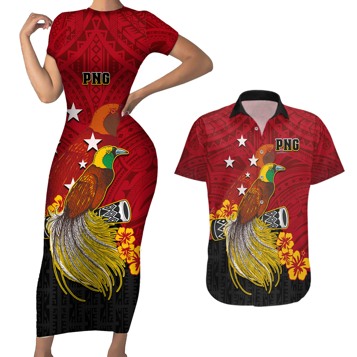 Personalized Papua New Guinea Couples Matching Short Sleeve Bodycon Dress and Hawaiian Shirt Bird Of Paradise Hibiscus With Motuan Pattern LT05 Red - Polynesian Pride