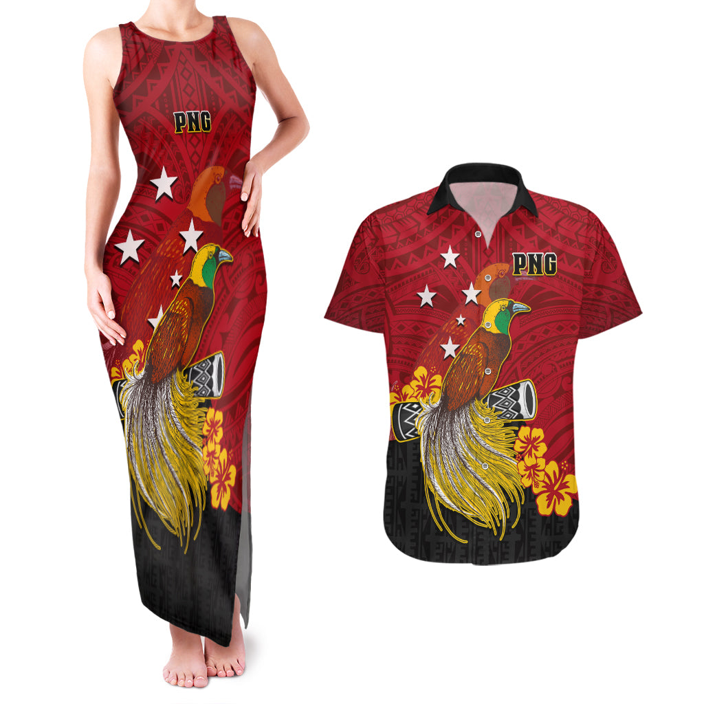 Personalized Papua New Guinea Couples Matching Tank Maxi Dress and Hawaiian Shirt Bird Of Paradise Hibiscus With Motuan Pattern LT05 Red - Polynesian Pride