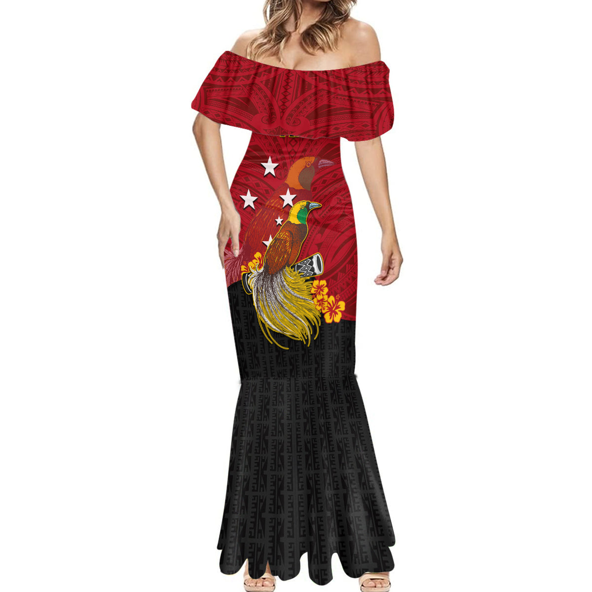 Personalized Papua New Guinea Mermaid Dress Bird Of Paradise Hibiscus With Motuan Pattern LT05 - Polynesian Pride