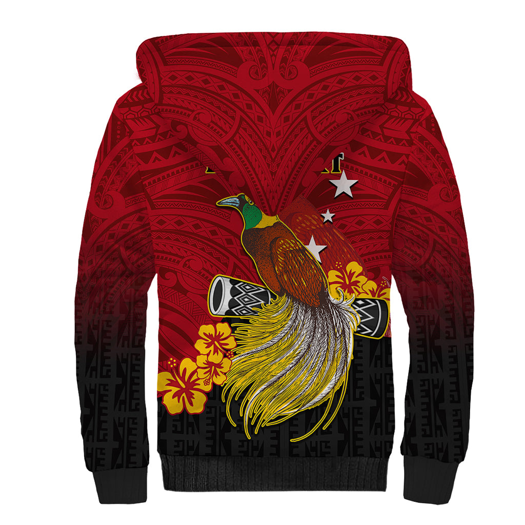Personalized Papua New Guinea Sherpa Hoodie Bird Of Paradise Hibiscus With Motuan Pattern LT05 - Polynesian Pride