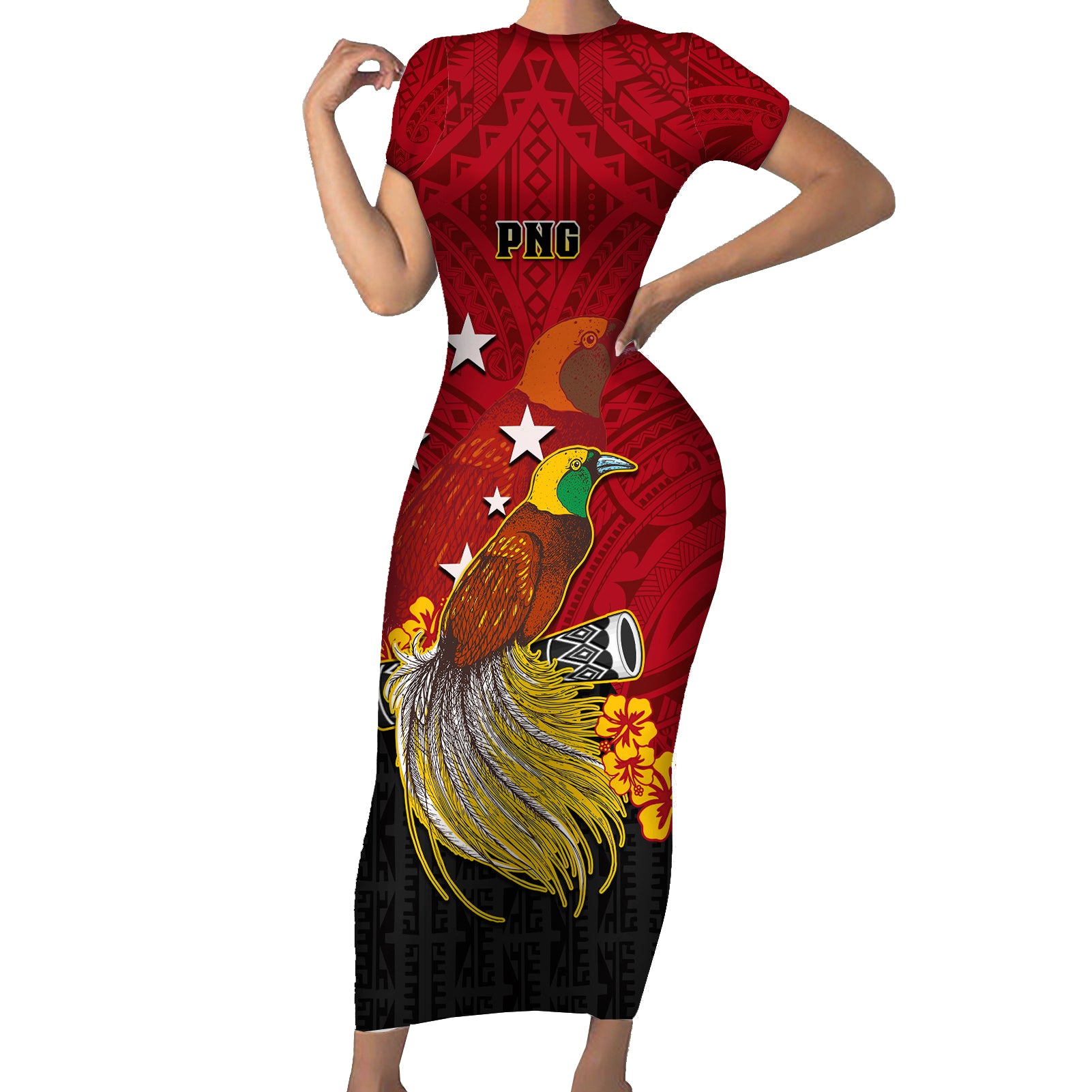 Personalized Papua New Guinea Short Sleeve Bodycon Dress Bird Of Paradise Hibiscus With Motuan Pattern LT05 Long Dress Red - Polynesian Pride