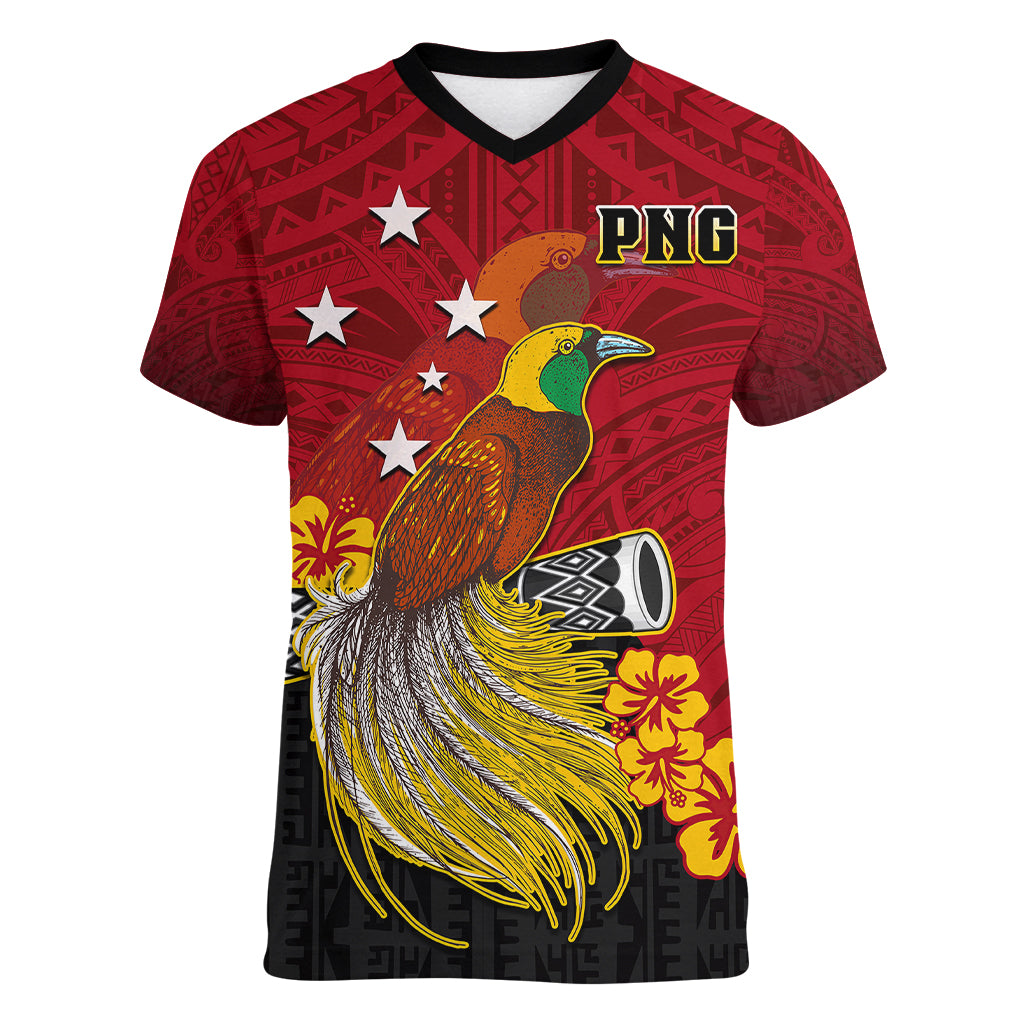 Personalized Papua New Guinea Women V Neck T Shirt Bird Of Paradise Hibiscus With Motuan Pattern LT05 Female Red - Polynesian Pride