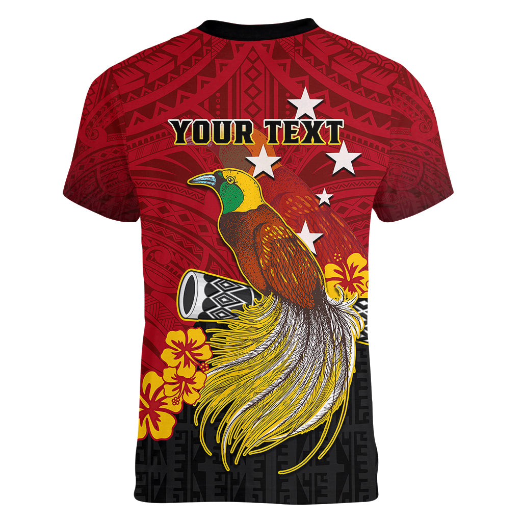 Personalized Papua New Guinea Women V Neck T Shirt Bird Of Paradise Hibiscus With Motuan Pattern LT05 - Polynesian Pride