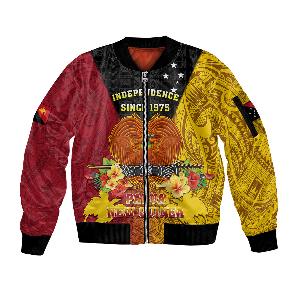 Personalized Papua New Guinea Independence Day Sleeve Zip Bomber Jacket Bird Of Paradise With Polynesian Pattern LT05 Unisex Yellow - Polynesian Pride