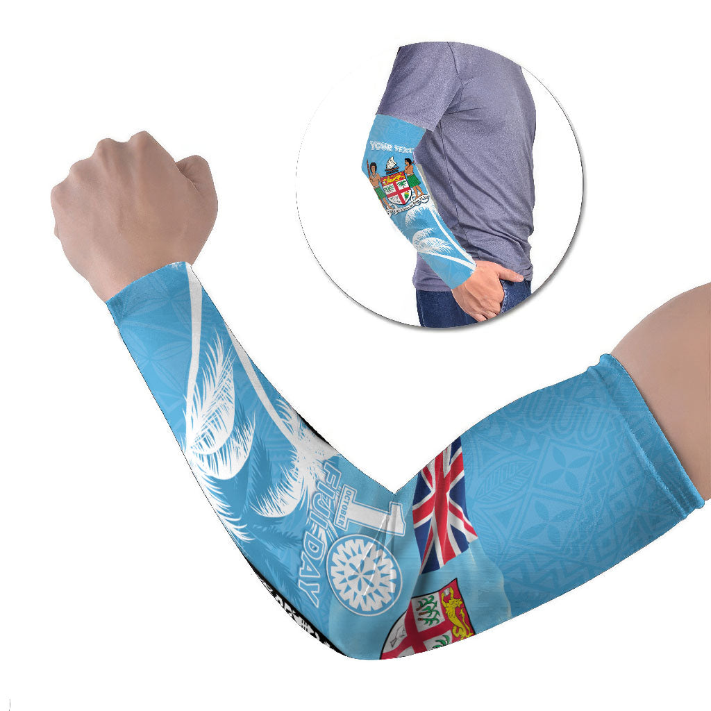 Personalised Fiji Day 2026 Arm Sleeves Masi Tapa Pattern With Palm Tree
