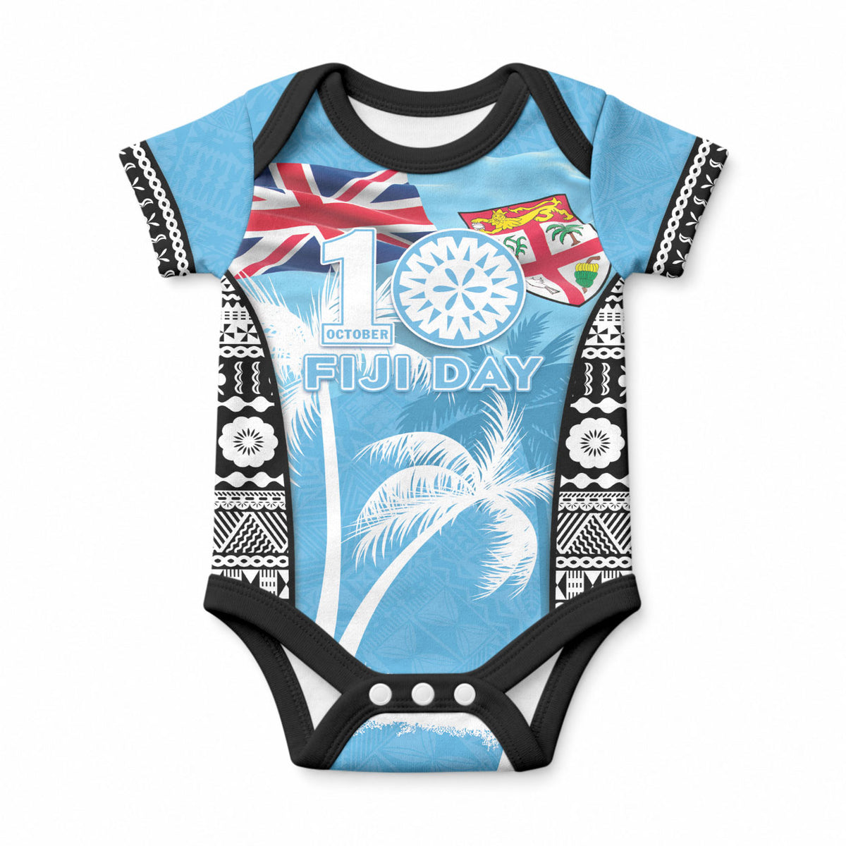Personalised Fiji Day 2026 Baby Onesie Masi Tapa Pattern With Palm Tree