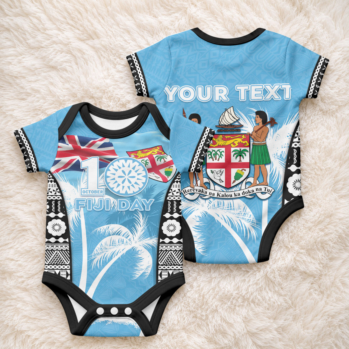 Personalised Fiji Day 2026 Baby Onesie Masi Tapa Pattern With Palm Tree