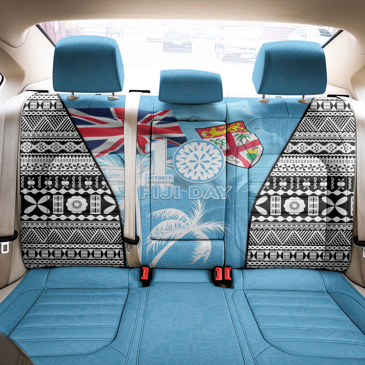 Fiji Day 2026 Back Car Seat Cover Masi Tapa Pattern With Palm Tree