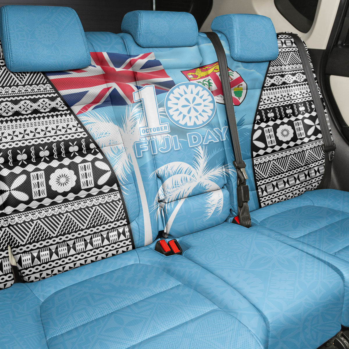 Fiji Day 2026 Back Car Seat Cover Masi Tapa Pattern With Palm Tree