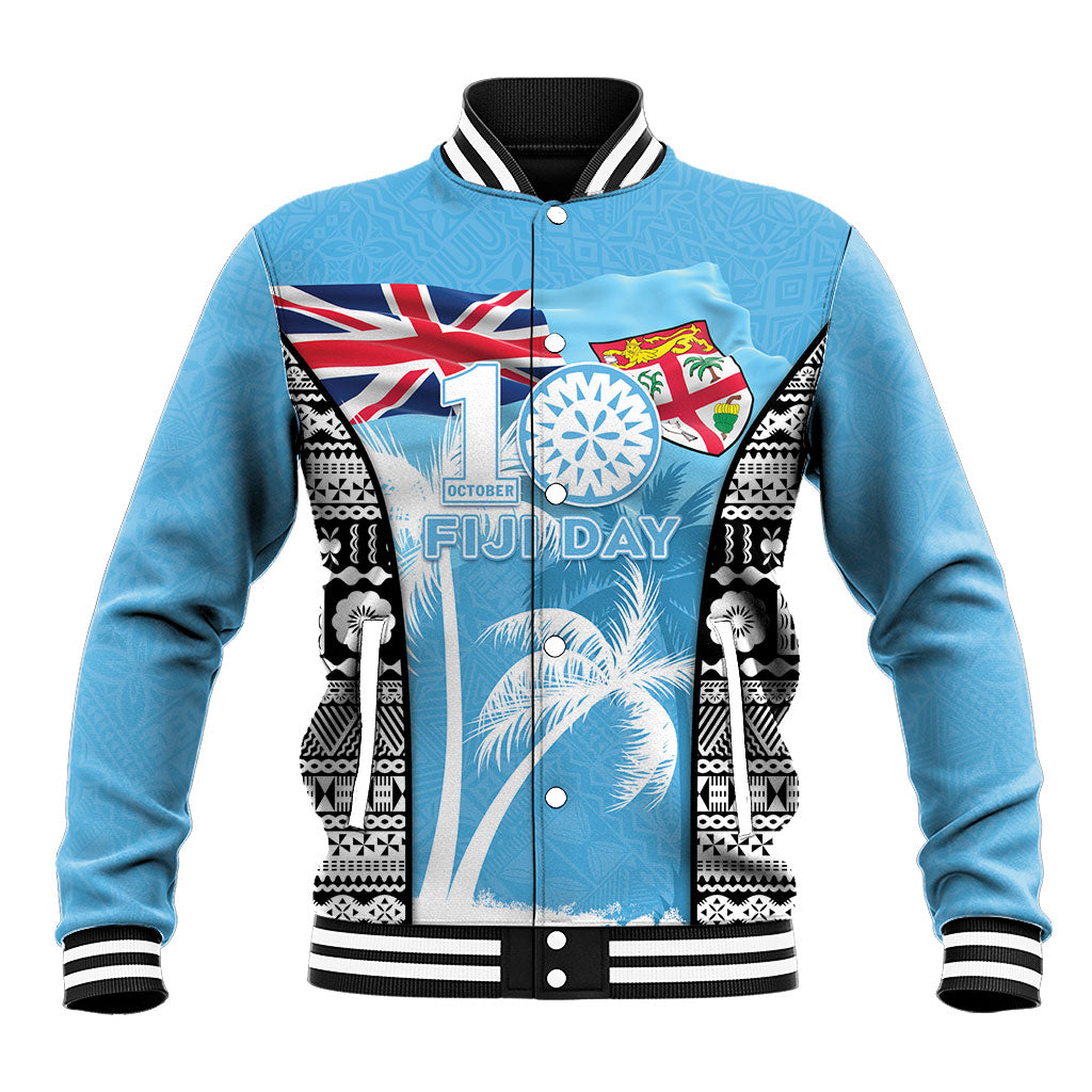 Personalised Fiji Day 2026 Baseball Jacket Masi Tapa Pattern With Palm Tree