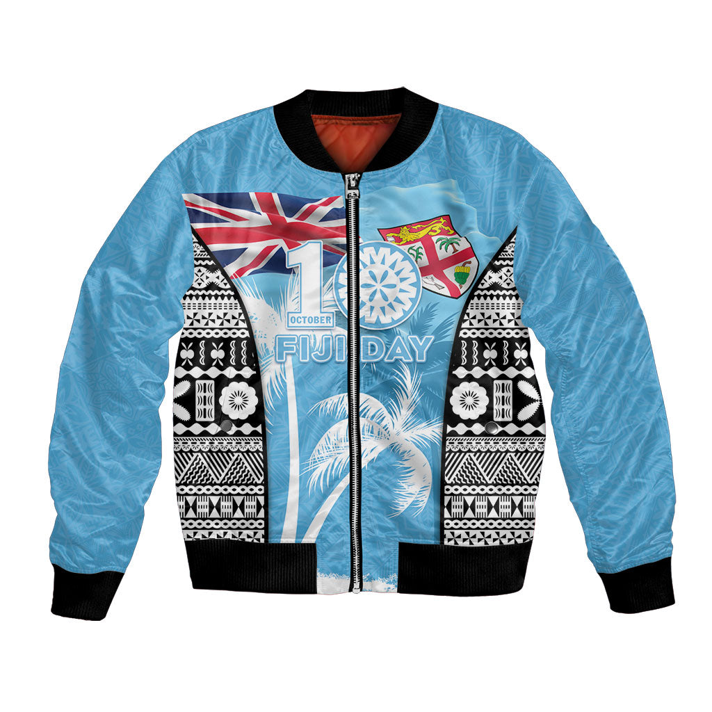 Personalised Fiji Day 2026 Bomber Jacket Masi Tapa Pattern With Palm Tree
