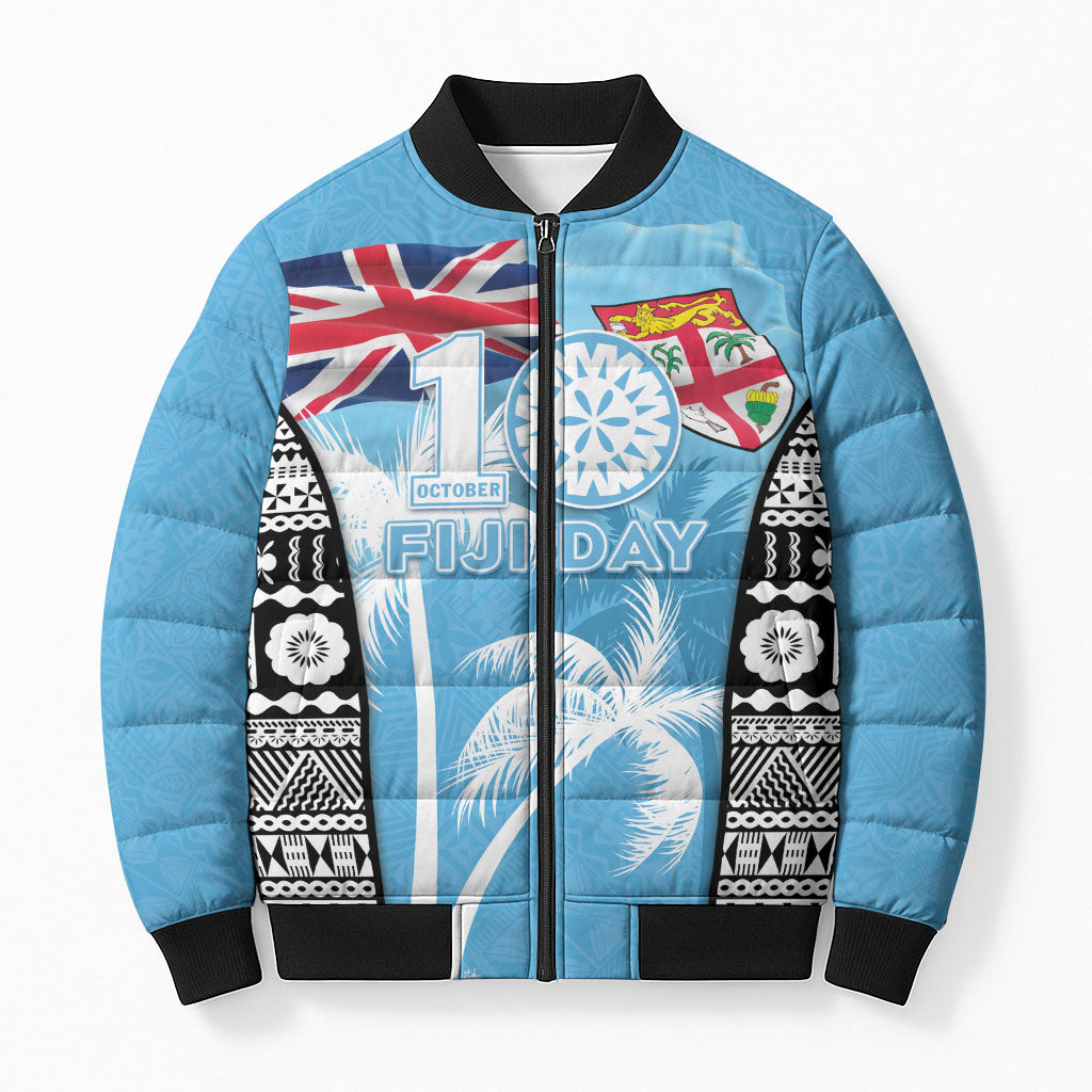 Personalised Fiji Day 2026 Bomber Puffer Jacket Masi Tapa Pattern With Palm Tree