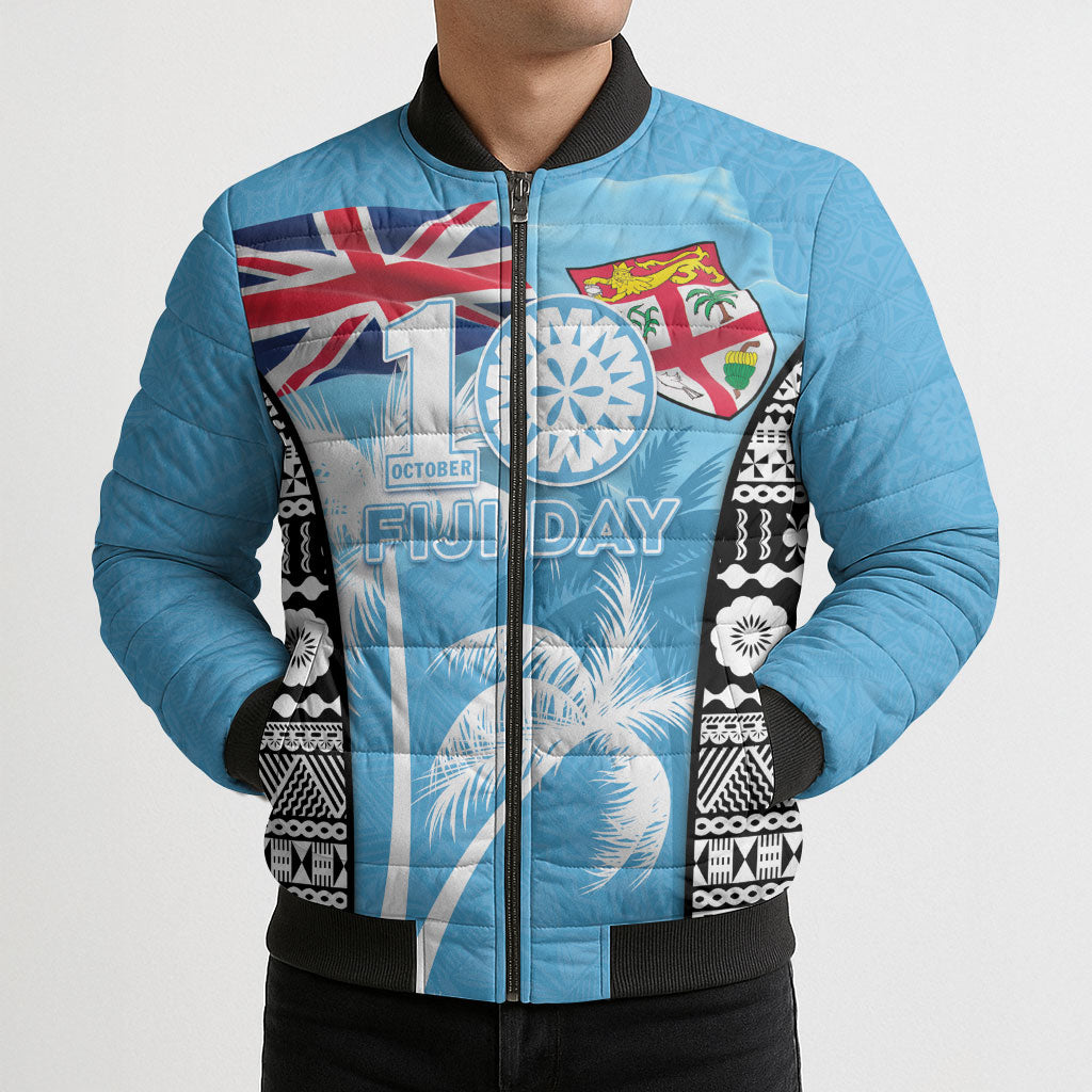 Personalised Fiji Day 2026 Bomber Puffer Jacket Masi Tapa Pattern With Palm Tree