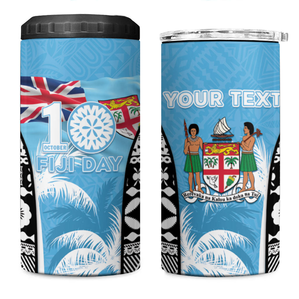 Personalised Fiji Day 2026 4 in 1 Can Cooler Tumbler Masi Tapa Pattern With Palm Tree