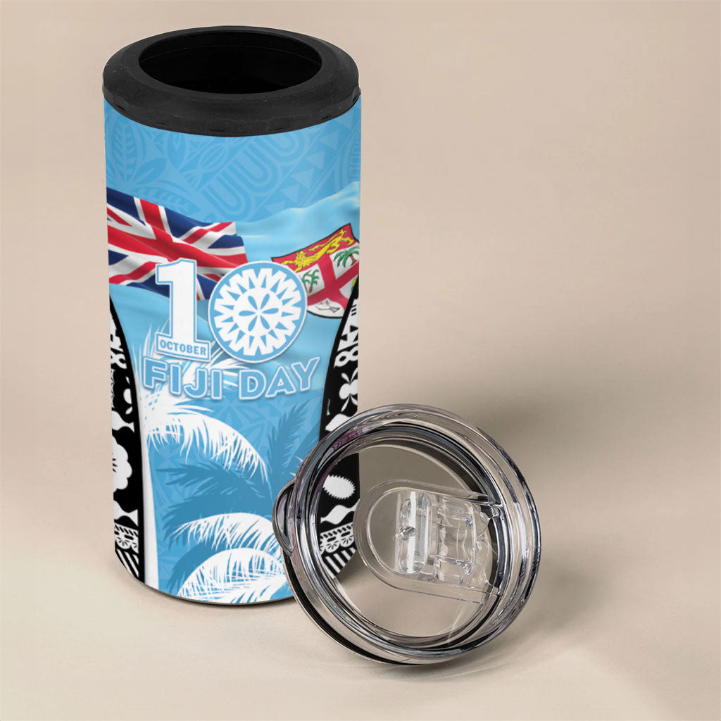 Personalised Fiji Day 2026 4 in 1 Can Cooler Tumbler Masi Tapa Pattern With Palm Tree