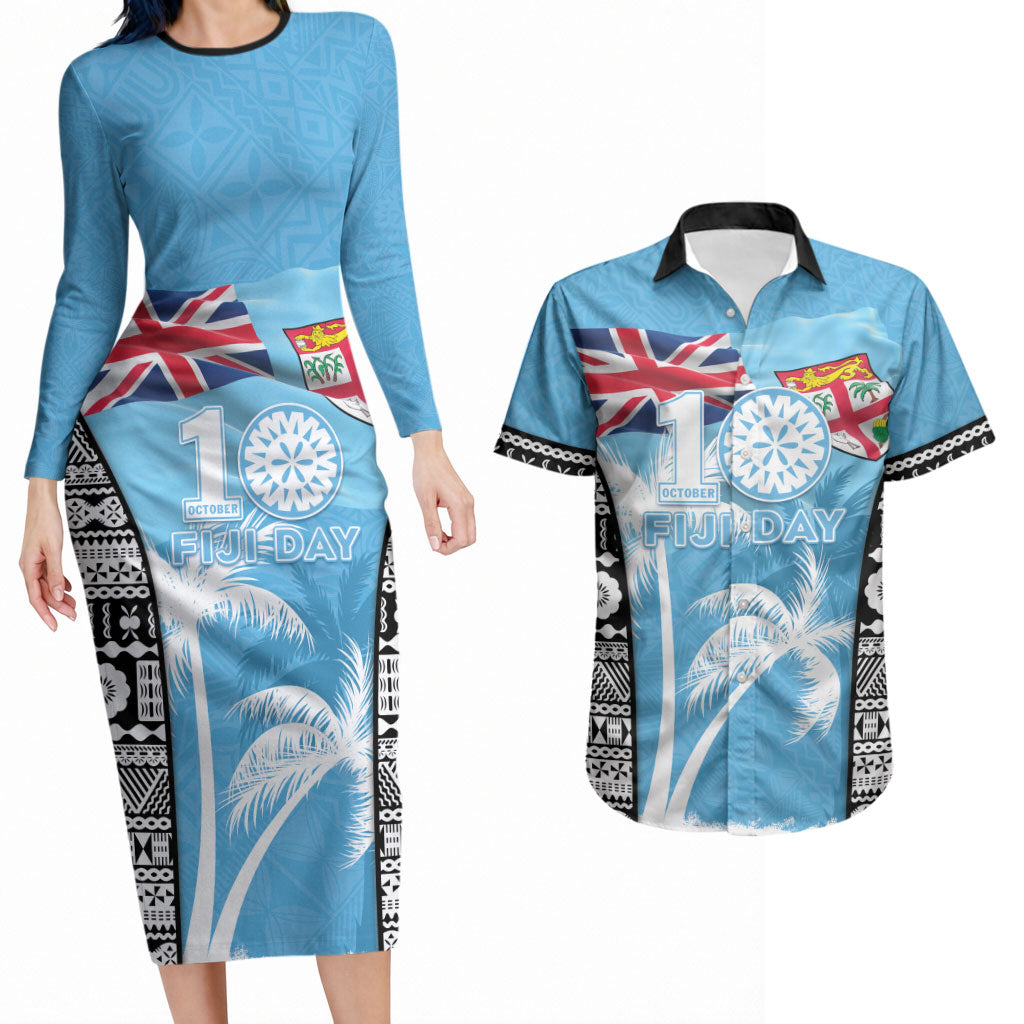 Personalised Fiji Day 2026 Couples Matching Long Sleeve Bodycon Dress and Hawaiian Shirt Masi Tapa Pattern With Palm Tree