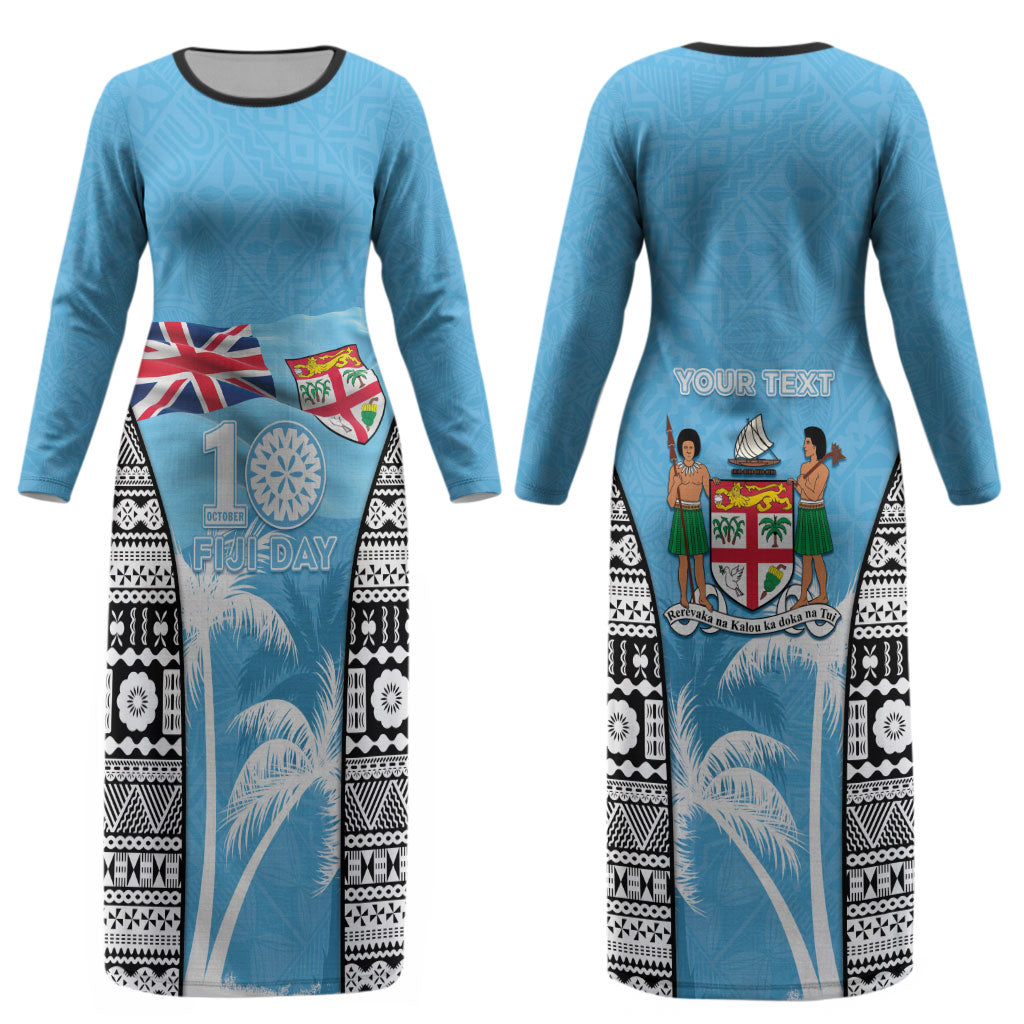 Personalised Fiji Day 2026 Couples Matching Long Sleeve Bodycon Dress and Hawaiian Shirt Masi Tapa Pattern With Palm Tree