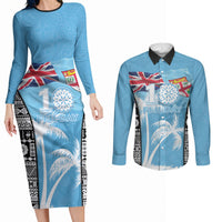 Personalised Fiji Day 2026 Couples Matching Long Sleeve Bodycon Dress and Long Sleeve Button Shirt Masi Tapa Pattern With Palm Tree