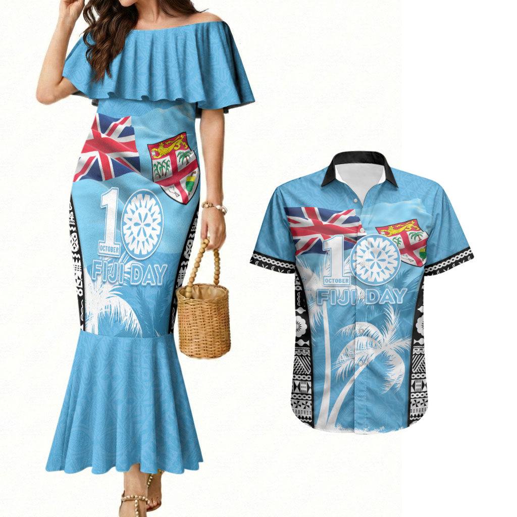 Personalised Fiji Day 2026 Couples Matching Mermaid Dress and Hawaiian Shirt Masi Tapa Pattern With Palm Tree