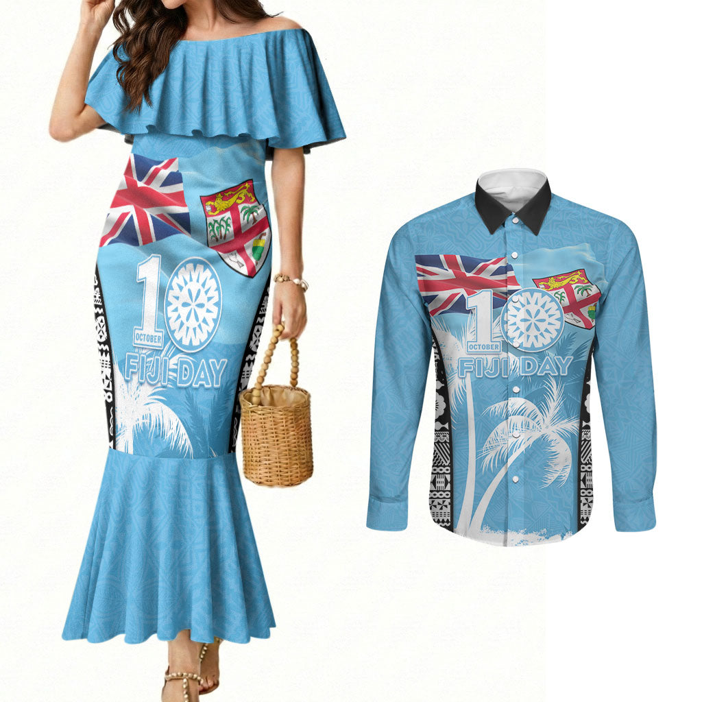 Personalised Fiji Day 2026 Couples Matching Mermaid Dress and Long Sleeve Button Shirt Masi Tapa Pattern With Palm Tree