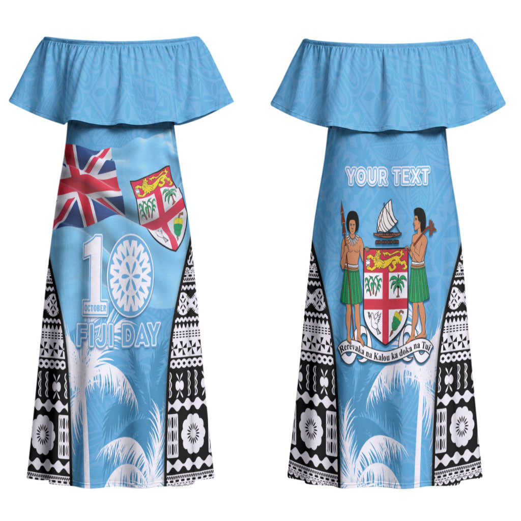 Personalised Fiji Day 2026 Couples Matching Off Shoulder Maxi Dress and Hawaiian Shirt Masi Tapa Pattern With Palm Tree