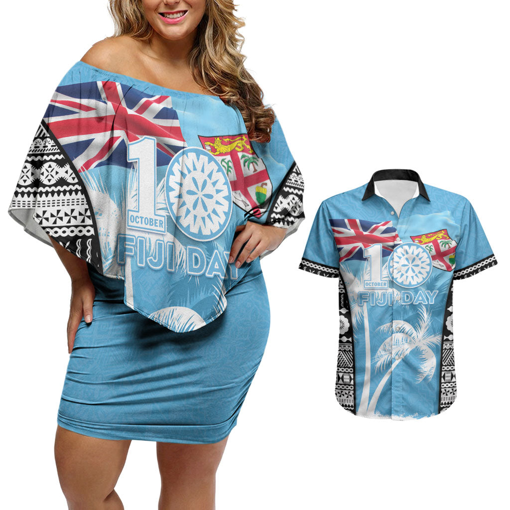 Personalised Fiji Day 2026 Couples Matching Off Shoulder Short Dress and Hawaiian Shirt Masi Tapa Pattern With Palm Tree